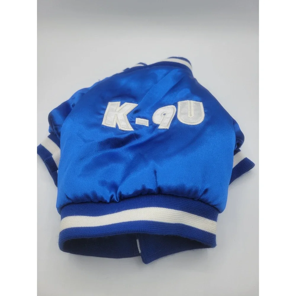 K-9U Blue Satin Dog Varsity Jacket Small Embroidered Pet apperal Bomber Coat